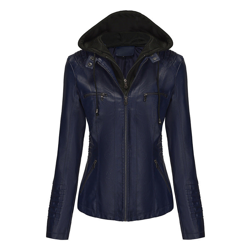 Women Tailored Faux Leather Jacket with Removable Hood and Zip