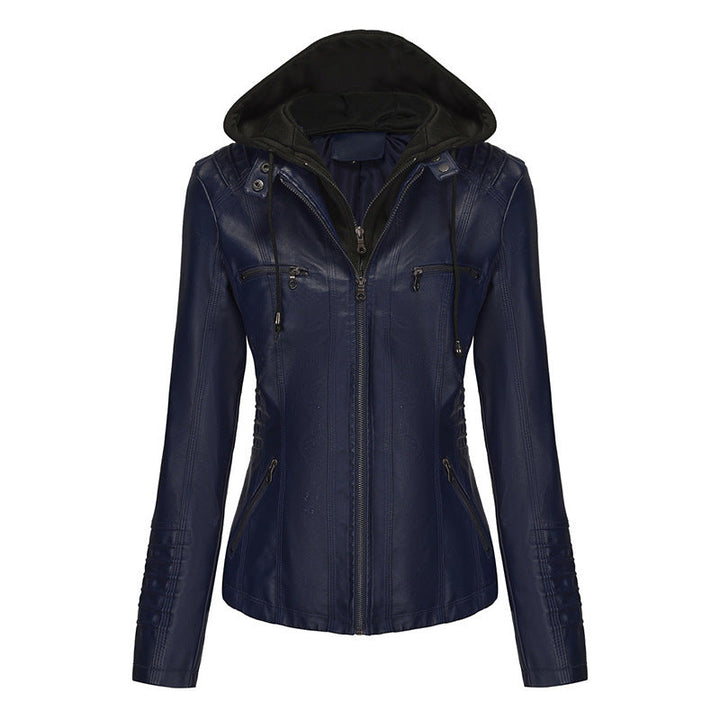 Women Tailored Faux Leather Jacket with Removable Hood and Zip
