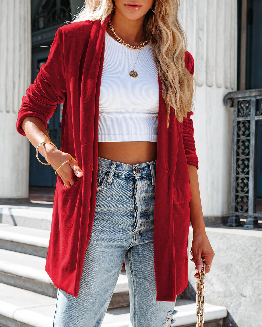 | Gold Velvet Trench Coat Long Skirt Jacket