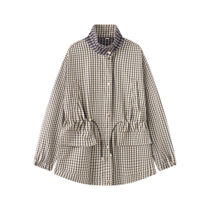 Women Checked Oversize Parka Jacket with Drawstring and Stand-up Collar