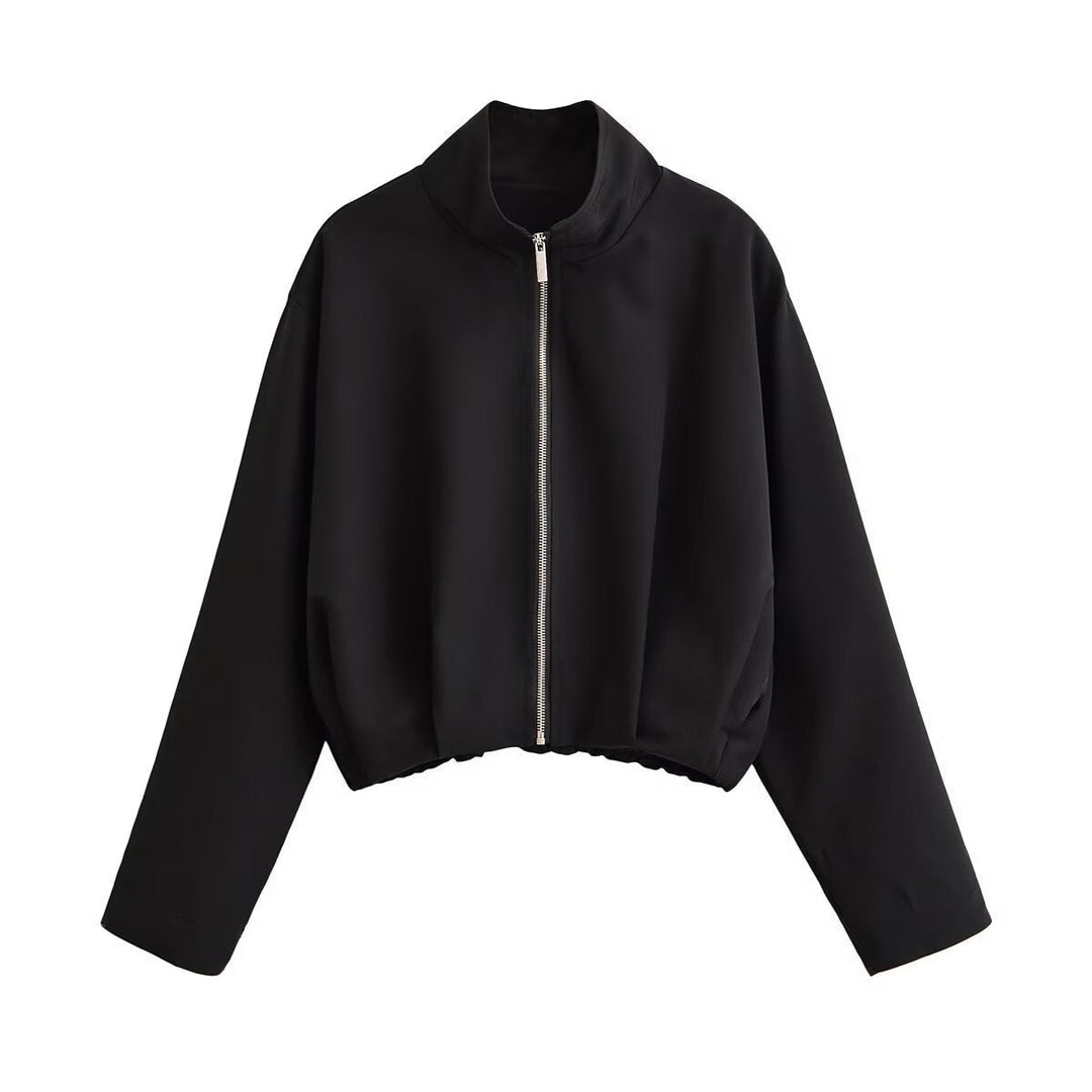 Women Short Boxy Jacket with Stand-up Collar and Visible Metal Zip