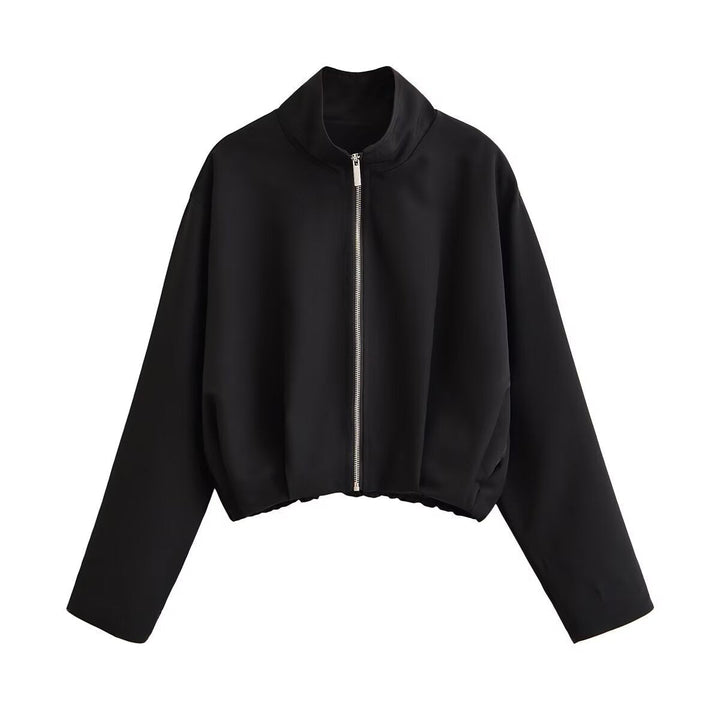 Women Short Boxy Jacket with Stand-up Collar and Visible Metal Zip