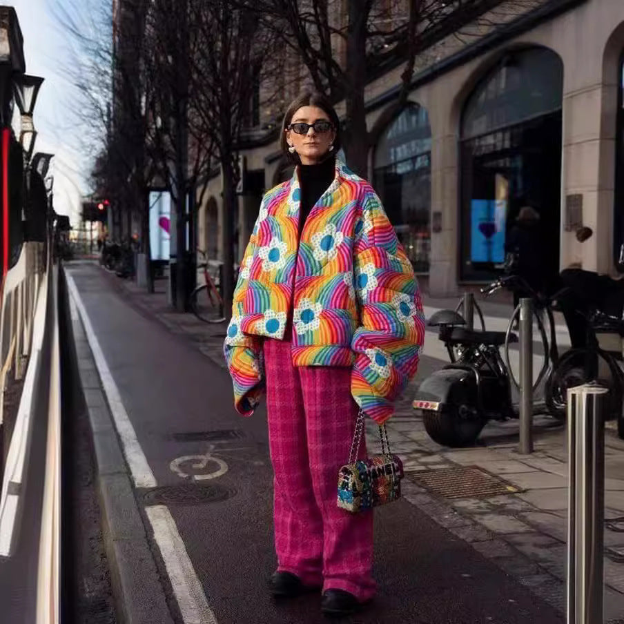 Women Short Oversized Padded Jacket with Colorful Rainbow Stripes and Flower Application
