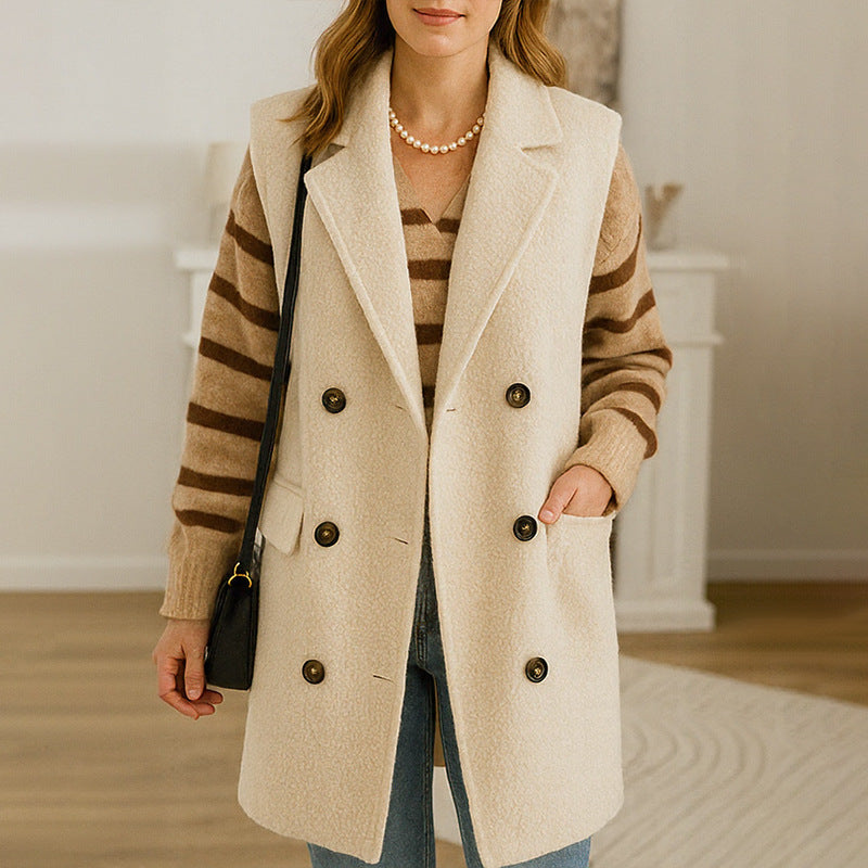 Women Long Sleeveless Boucle Vest with Double-Breasted Button Placket and Revere Collar