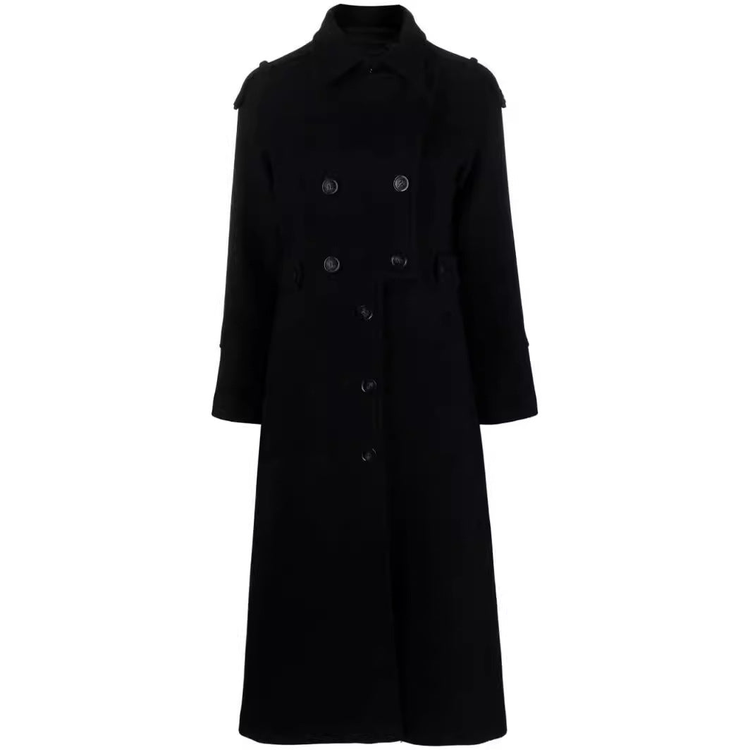 Women Floor-Length Double-Breasted Trench Coat made of Wool Blend with Shoulder Patches and Concealed Waist Belt