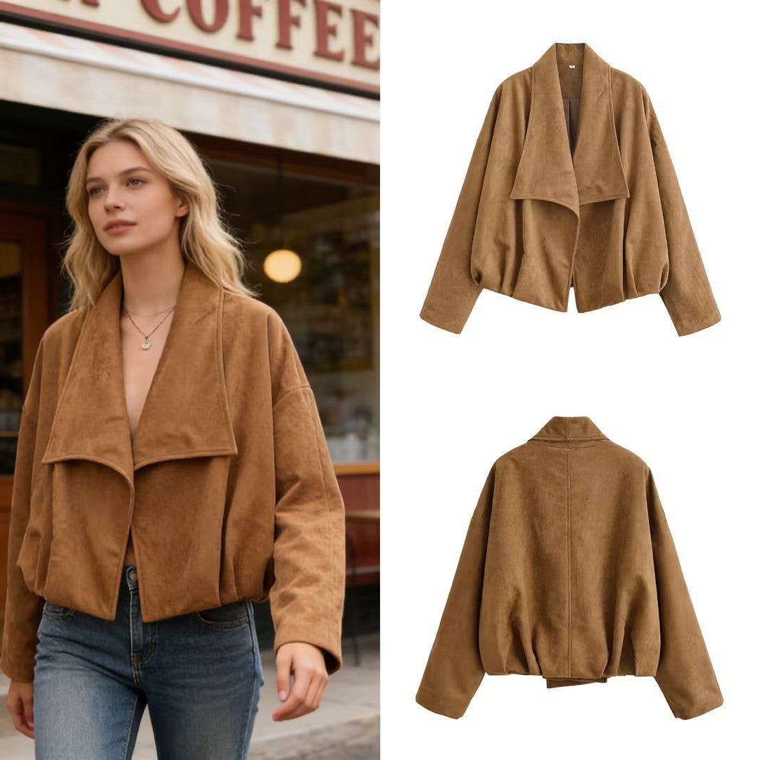 Women’s short jacket in waterfall look with soft velour finish and wide shawl collar