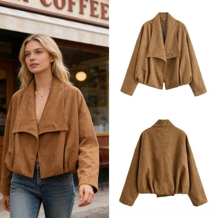 Women’s short jacket in waterfall look with soft velour finish and wide shawl collar