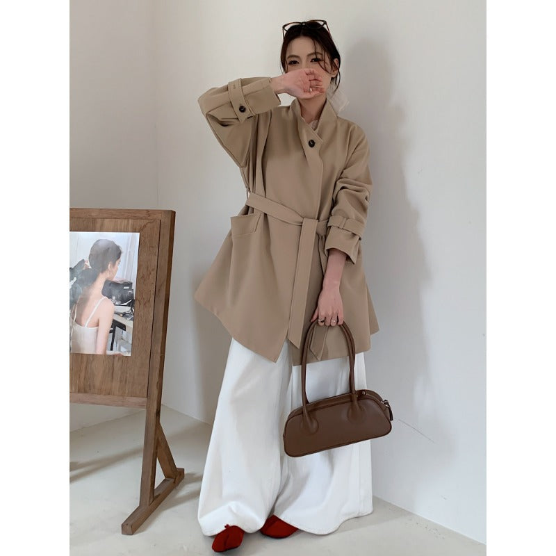 Ladies Short Oversized Coat with Tie Belt, Wide Flap Pockets and Casual Shoulder