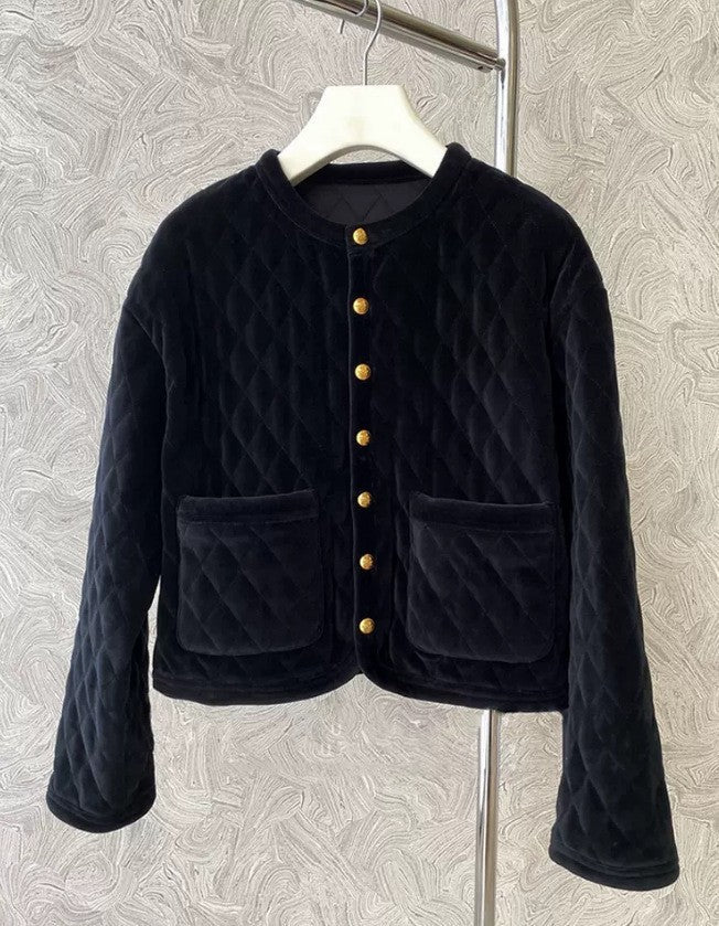 Ladies short cut quilted velvet cardigan with golden medallion buttons