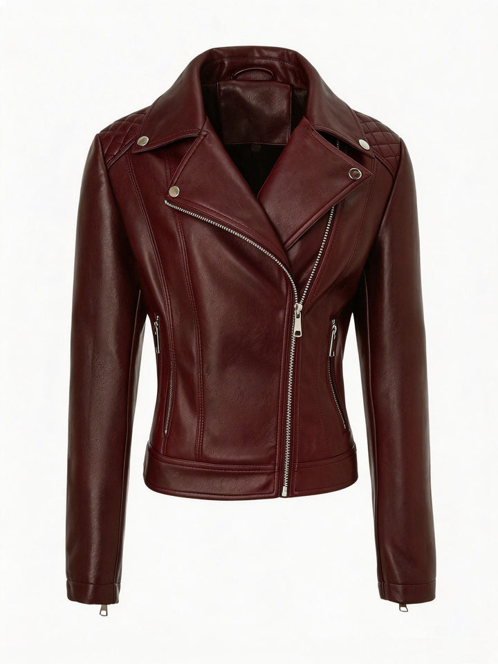 Women tailored biker leather jacket with quilted shoulders and asymmetric zip