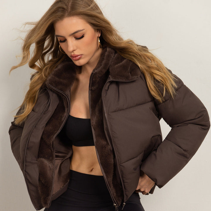 Women Short Cut Puffer Jacket with Cosy Faux Fur Lining and High Collar
