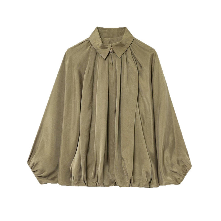 Women Wide Pleated Cape Transitional Jacket with Zip and Balloon-Shaped Hem