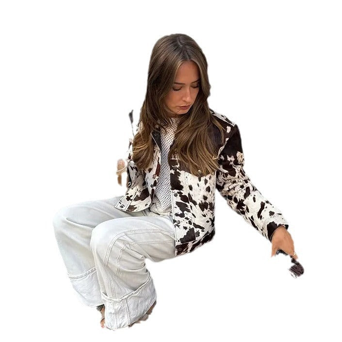 Women Short Cut Western-Inspired Jacket with Cow Spot Faux Fur and Chest Pockets