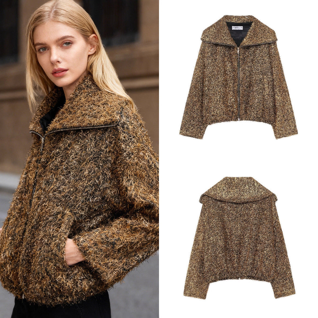 Ladies Glittering Boucle Zip Jacket with Wide Collar and Cropped Boxy Cut