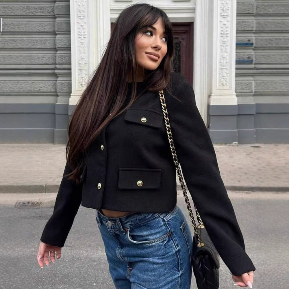 Women Short Boucle Blazer Jacket with Round Neck, Decorative Pocket Flaps, and Gold-Coloured Buttons