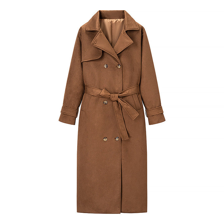 Women Long Double-breasted Coat in Trench Coat Style with Waist Belt and Sleeve Tabs