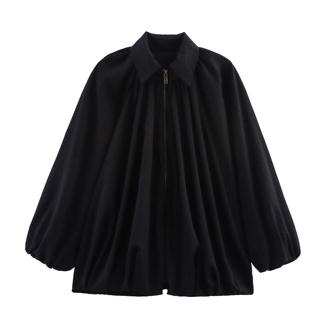 Women Wide Pleated Cape Transitional Jacket with Zip and Balloon-Shaped Hem