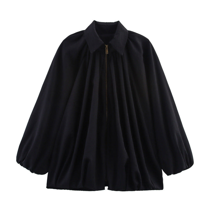 Women Wide Pleated Cape Transitional Jacket with Zip and Balloon-Shaped Hem