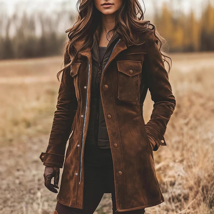 Women’s Long Suede Safari Jacket with Flap Pockets and Tailored Silhouette