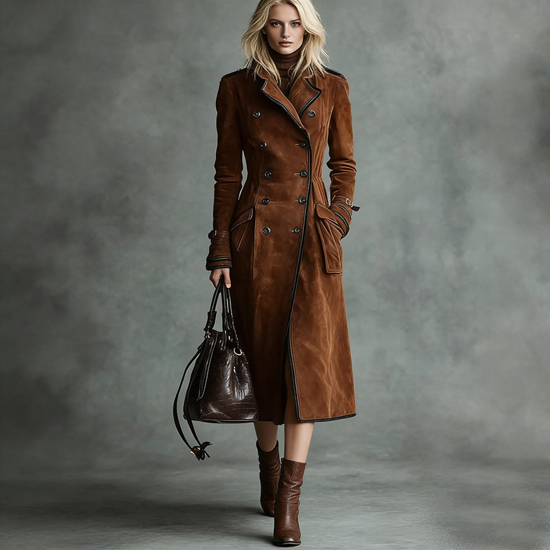 Women Longer Tailored Trench Coat in Suede Look with Double-Breasted Button Placket and Buckle Cuffs