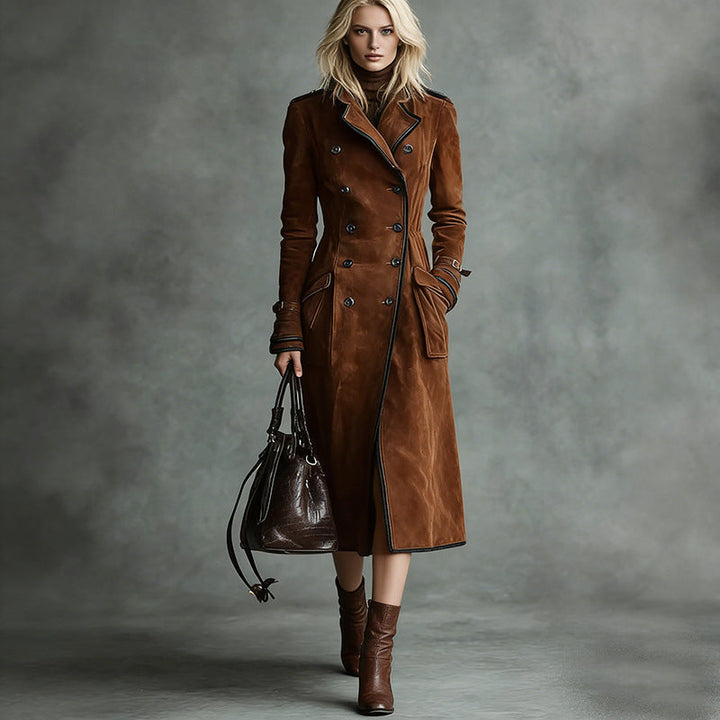 Women Longer Tailored Trench Coat in Suede Look with Double-Breasted Button Placket and Buckle Cuffs