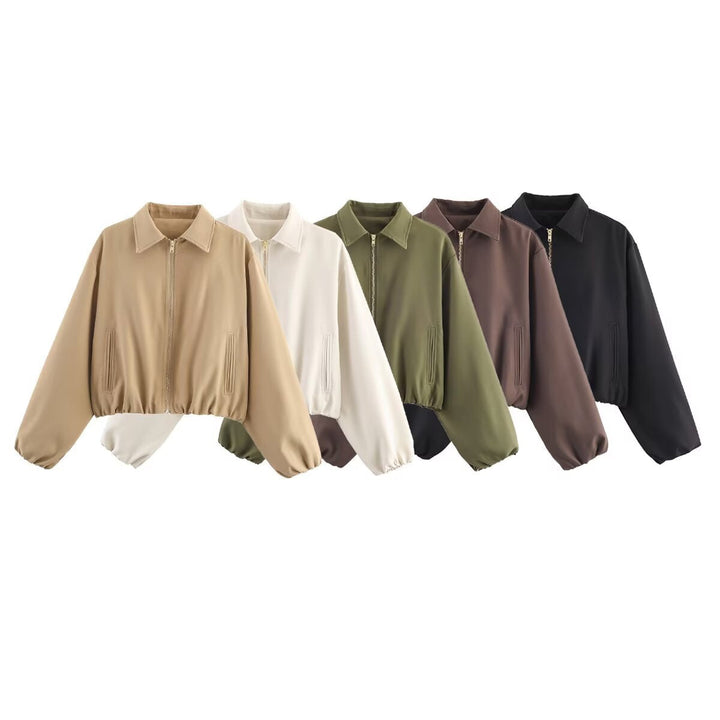 Women short jacket made of vegan leather with Kent collar, full-length zip and gathered hem