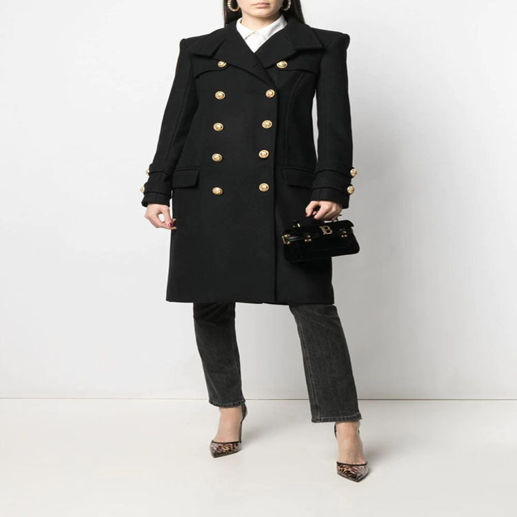 Ladies Elegant Wool Blend Long Coat in Marine Inspired Double Breasted with Oversized Shawl Collar and Decorative Sleeves