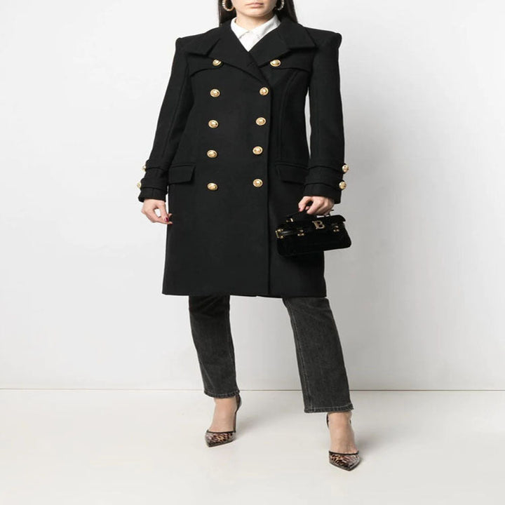 Ladies Elegant Wool Blend Long Coat in Marine Inspired Double Breasted with Oversized Shawl Collar and Decorative Sleeves