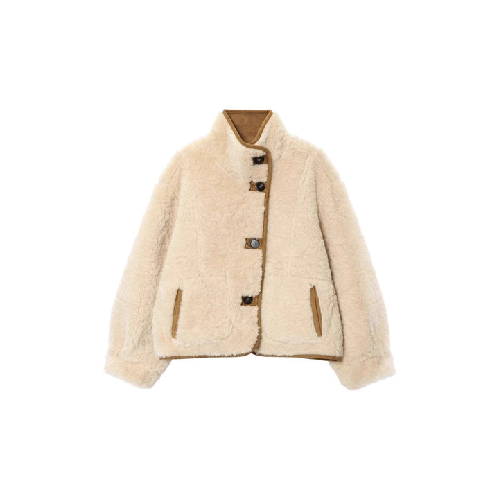 Women Short Jacket made of Suede Leatherette with Teddy Lining and Stand-Up Collar