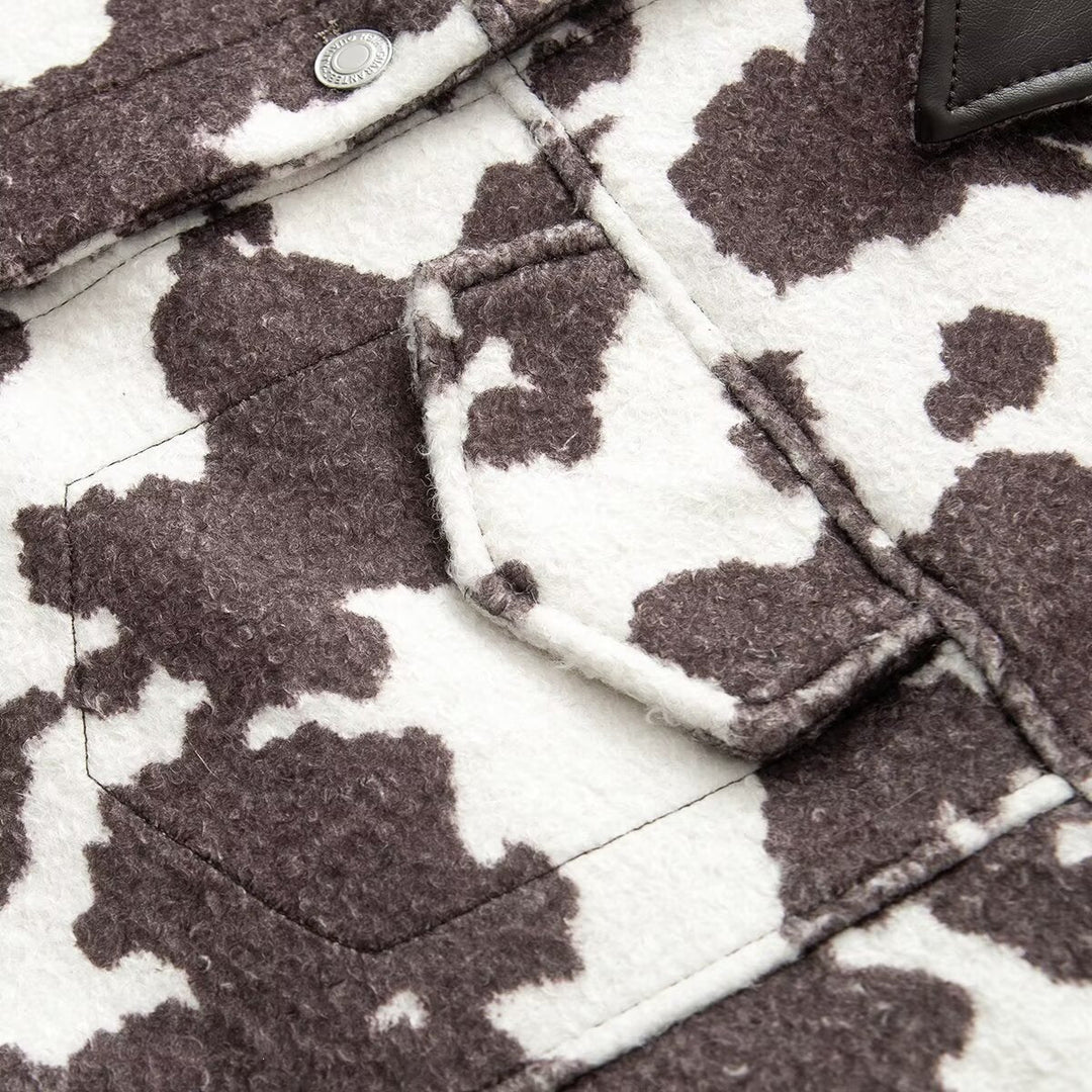 Women’s Short Jacket in Trucker Style with Cow Spot Pattern and Faux Leather Collar