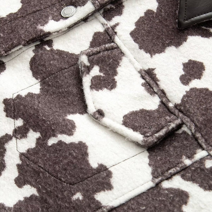 Women’s Short Jacket in Trucker Style with Cow Spot Pattern and Faux Leather Collar