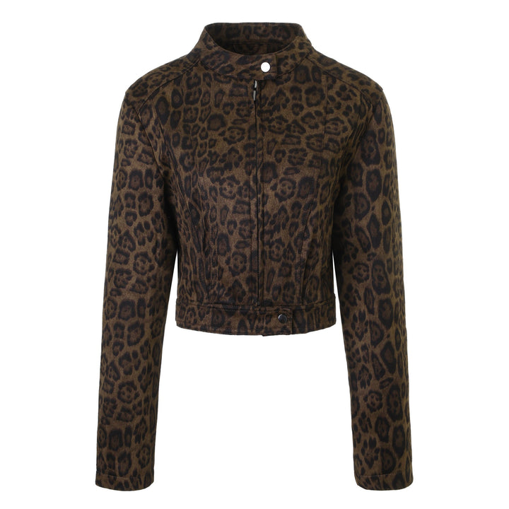 Women Short Jacket with Leopard Pattern and Stand-up Collar