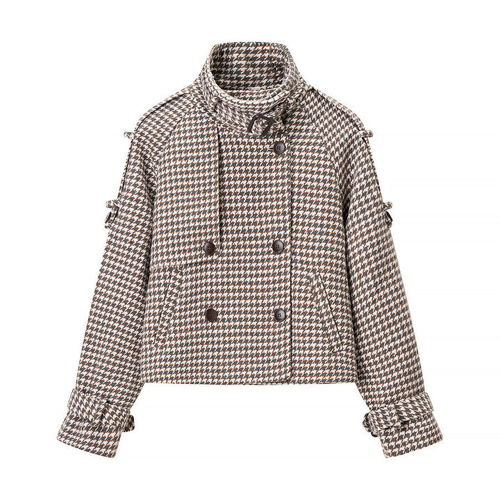 Ladies short jacket in houndstooth with stand-up collar, double-breasted and waist details