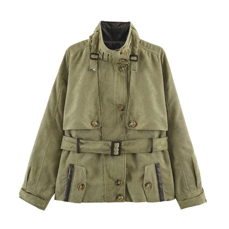 Women Short Cord Trench Coat with Waist Belt, Cape Detail and Stand Collar
