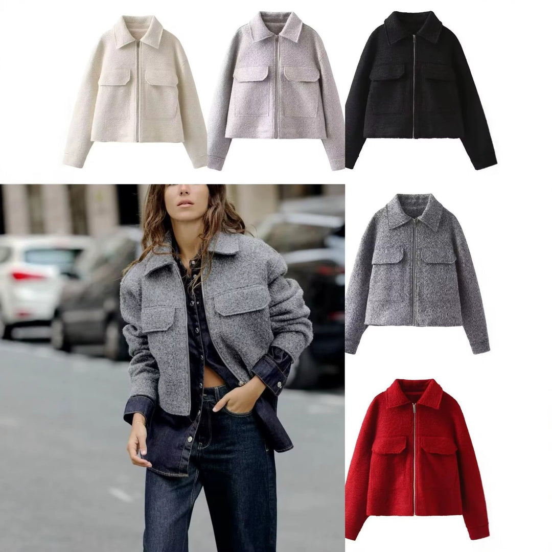 Women Short Boucle Jacket in Boxy Cut with Zip and Flap Pockets