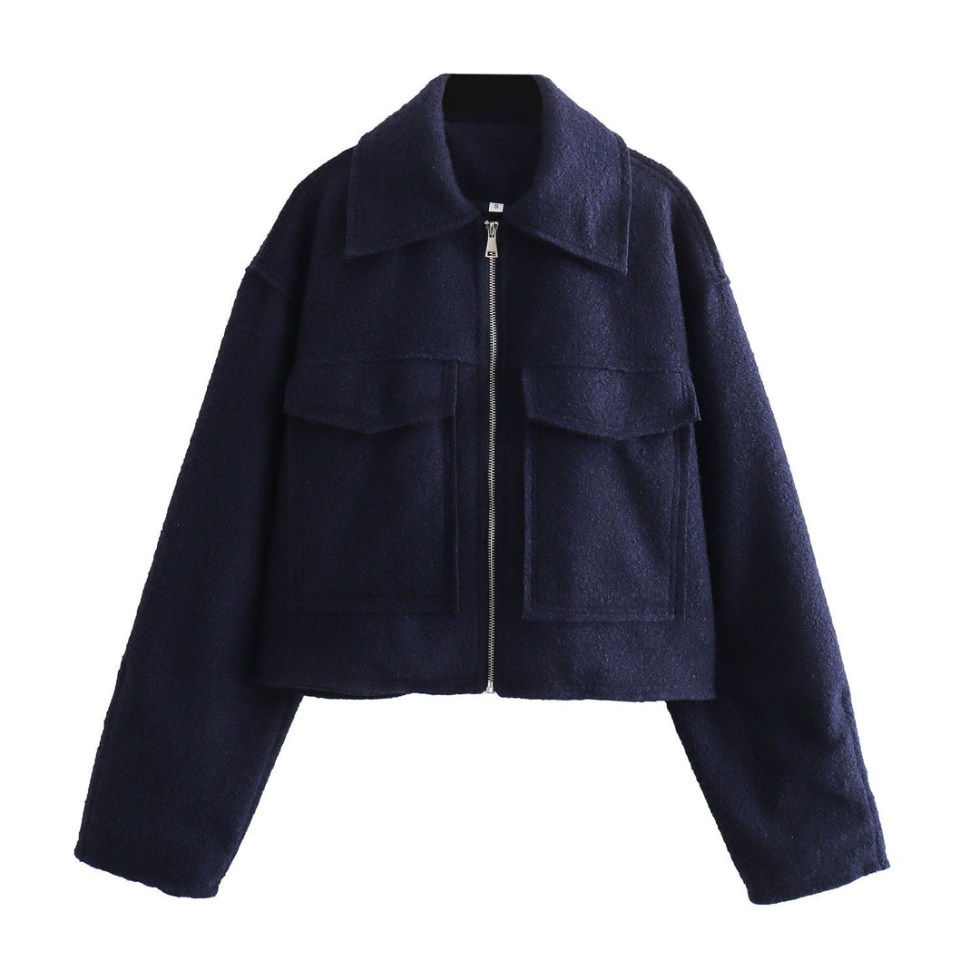 Women Short Boucle Jacket in Boxy Cut with Zip and Flap Pockets