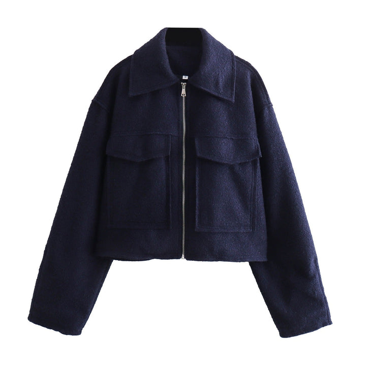 Women Short Boucle Jacket in Boxy Cut with Zip and Flap Pockets