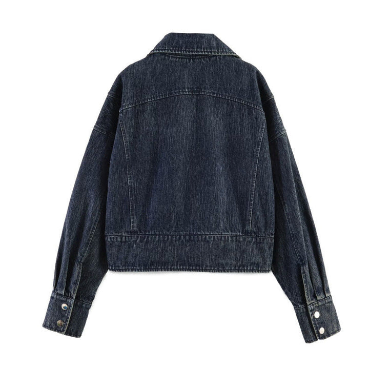 Women oversized cropped jeans jacket with wide collar