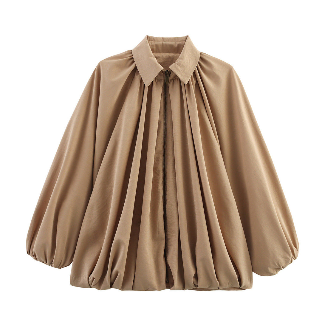 Women Wide Pleated Cape Transitional Jacket with Zip and Balloon-Shaped Hem