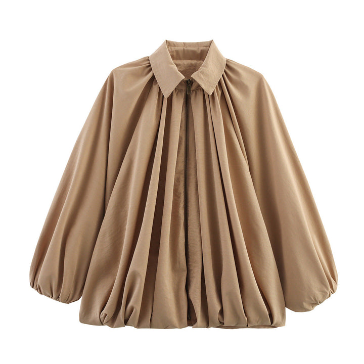 Women Wide Pleated Cape Transitional Jacket with Zip and Balloon-Shaped Hem
