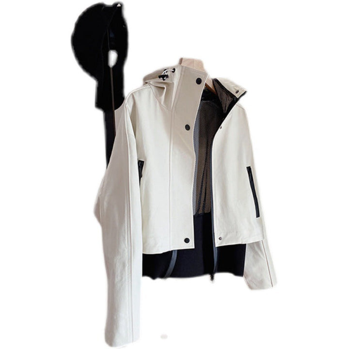 Women Short Hooded Jacket with Mesh Lining, Concealed Zip and Contrast Details