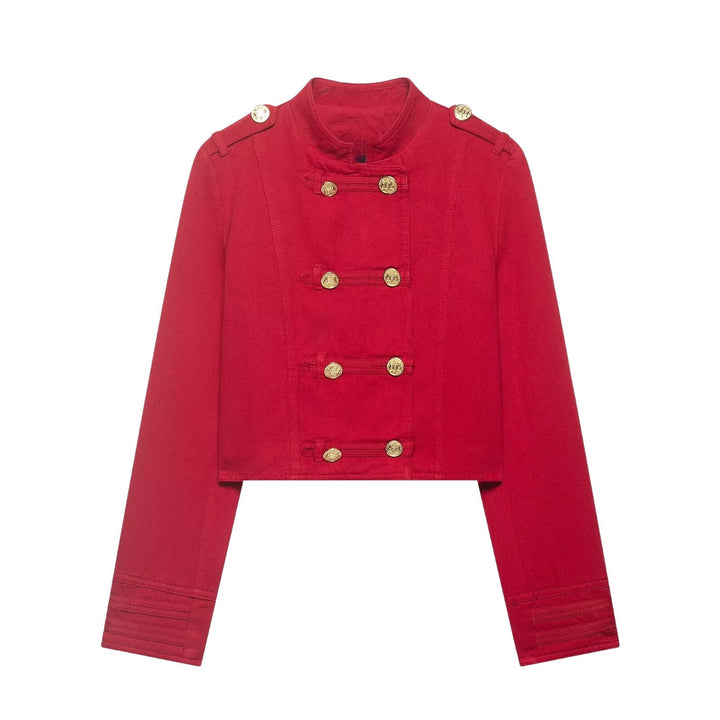 Women Short Military Jacket in Cropped Cut with Stand-up Collar and Golden Decorative Buttons