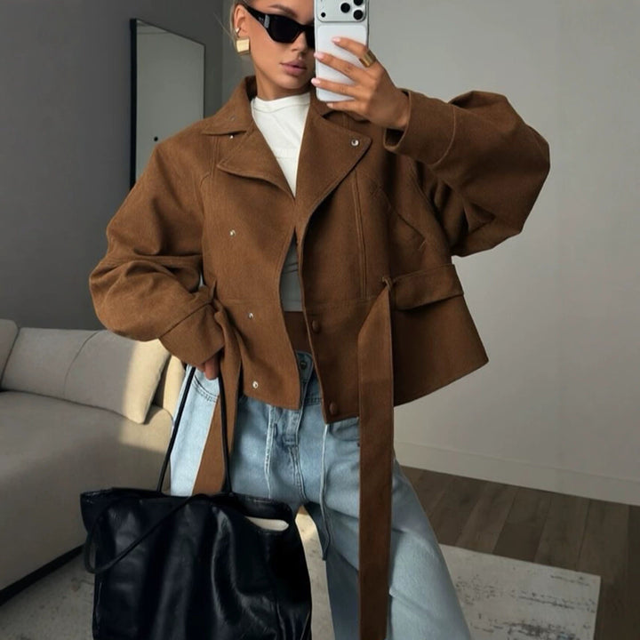 Ladies Tailored Short Jacket in Blouson Style with Tie Belt and Stand-Up Collar