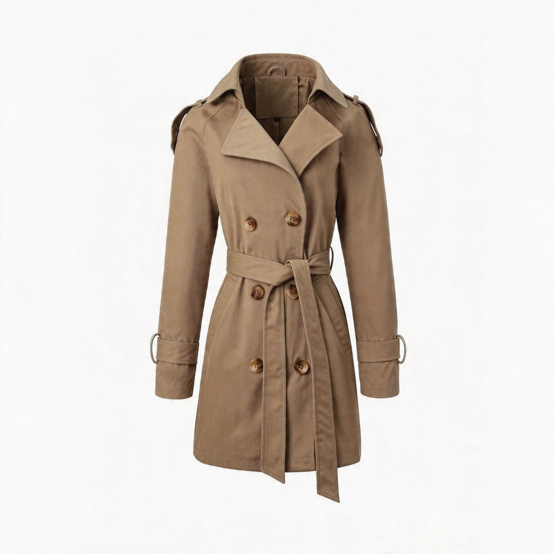 Women Tailored Trench Coat with Tied Belt, Shoulder Tabs and Metal Ring Details