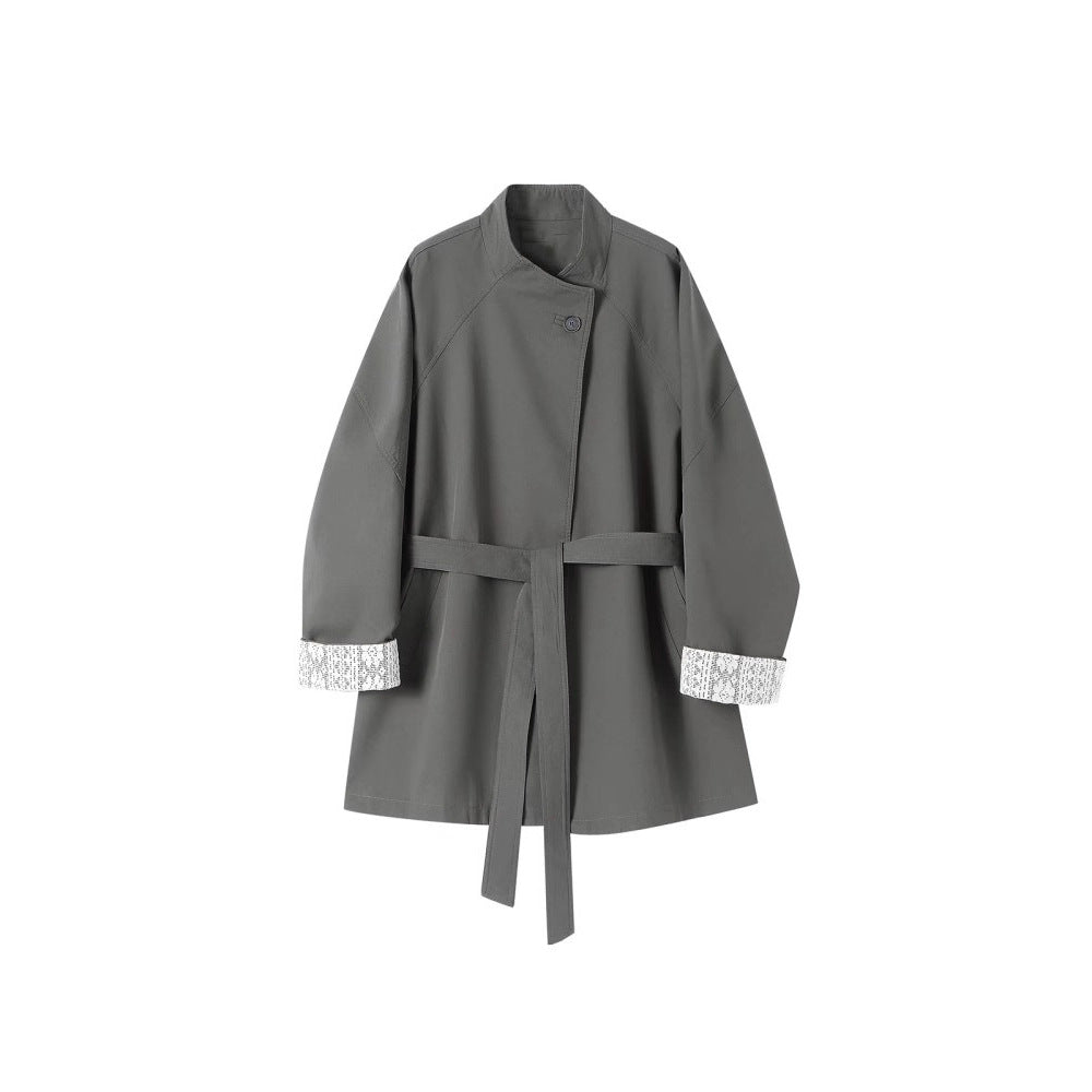 Women Elegant Trench Coat with Waist Belt and Contrast Sleeves