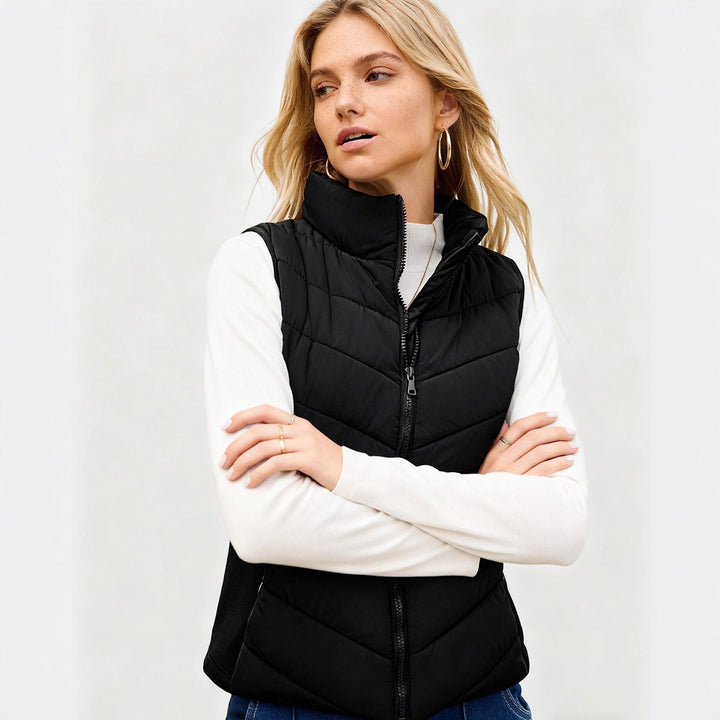 Women padded waistcoat with high stand-up collar