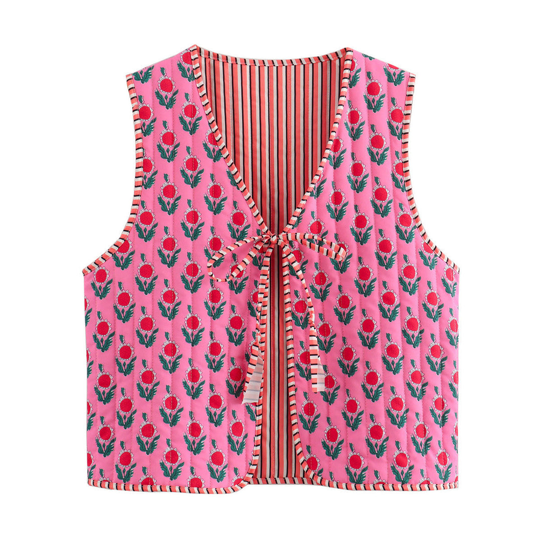 Women Patchwork Vest with Tie Band and V-Neck