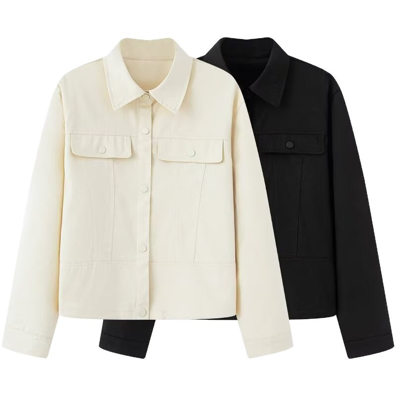 Women Short Cut Boxy Overshirt Jacket in Vegan Leather Look with Flap Pockets and Snap Button Closure