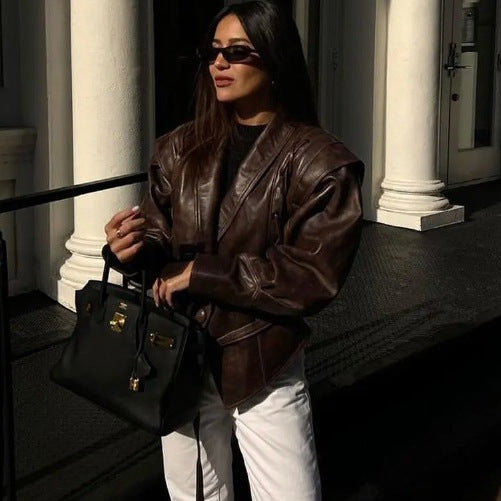 Ladies short jacket made of suede look with wrap belt, shawl collar and lacing detail
