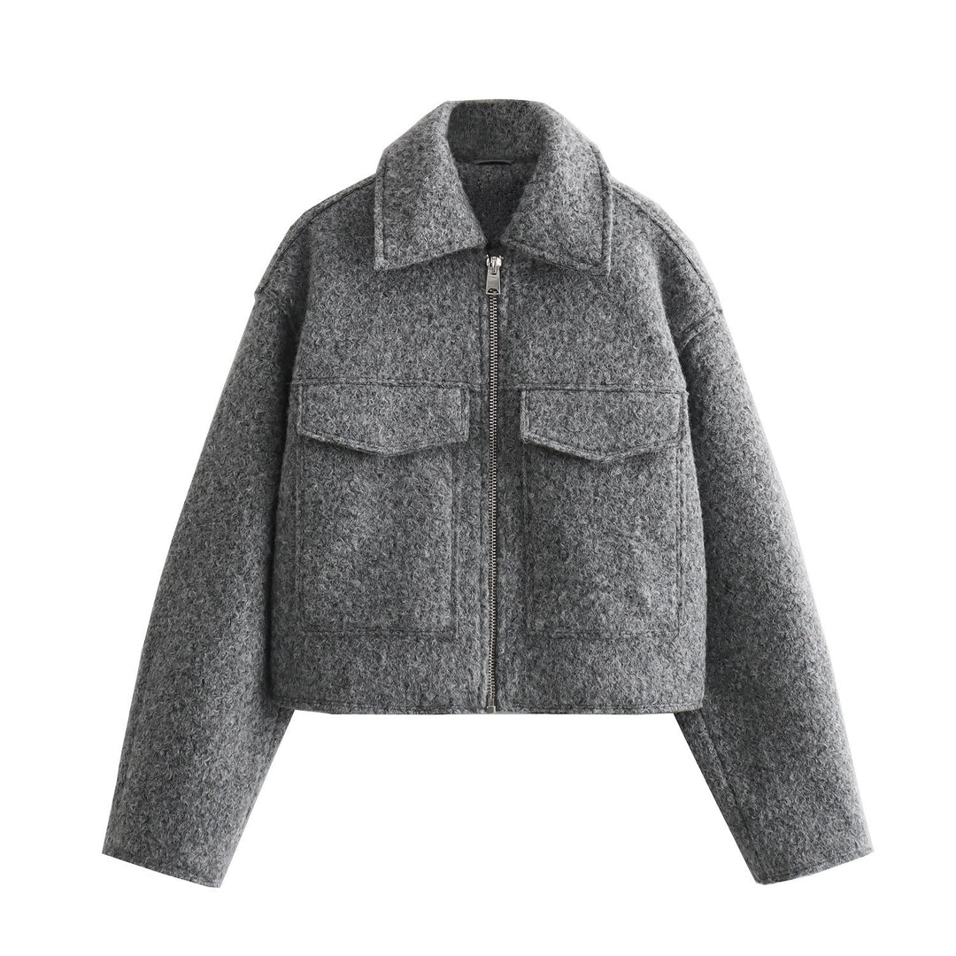 Women Short Boucle Jacket in Boxy Cut with Zip and Flap Pockets